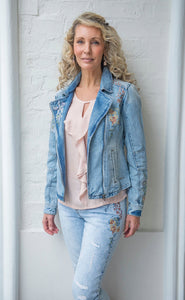 Cream floral embroidered denim jacket