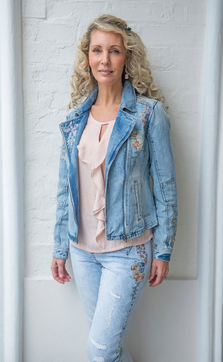 Cream floral embroidered denim jacket